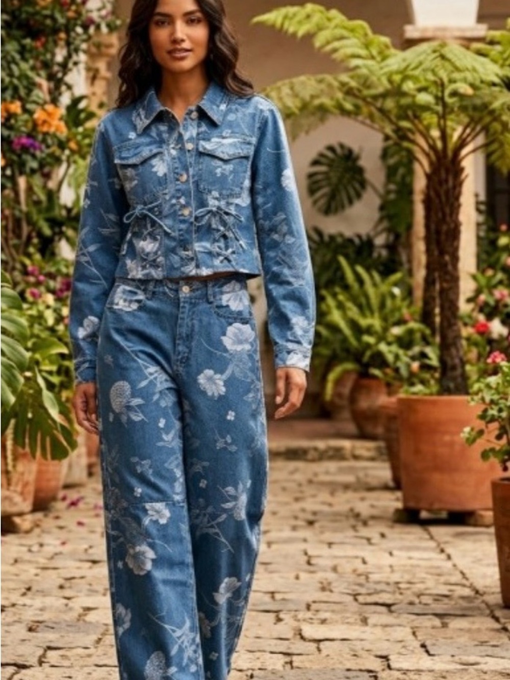 Boutique Blue Barrel Floral-Print Denim Jeans and jacket Set New